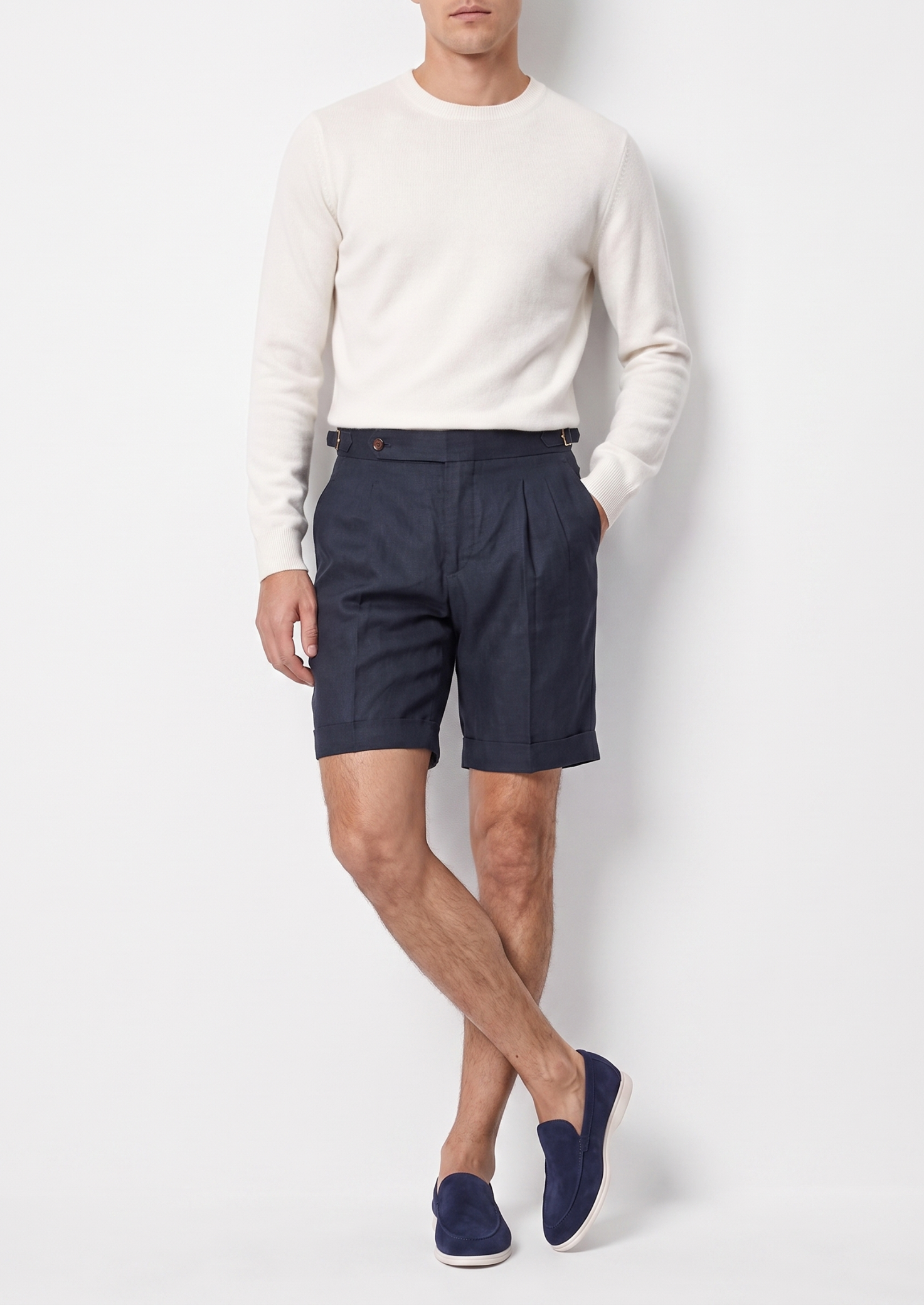 Shorts SEASIDE Plissado de Linho Azul Marinho