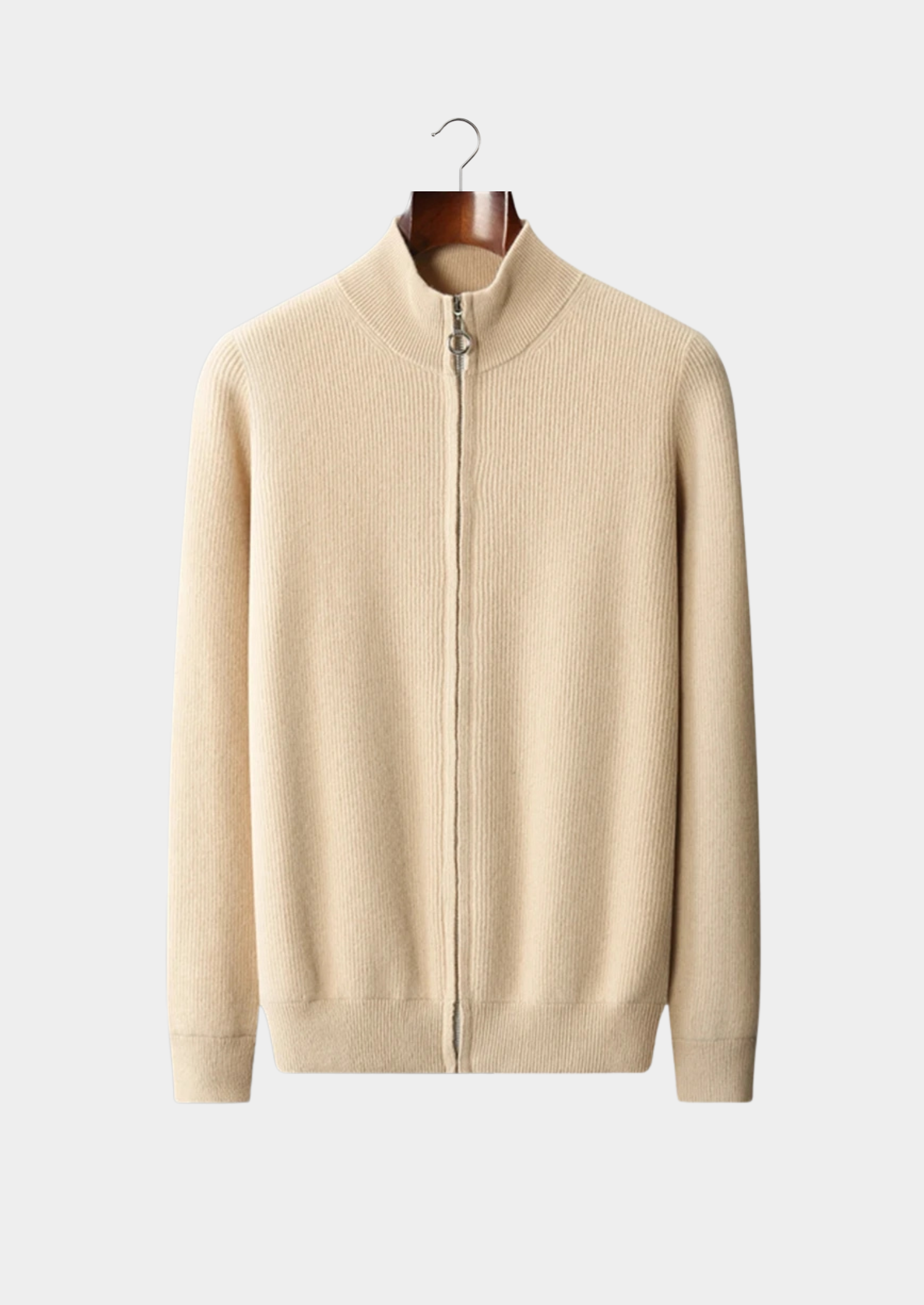Cardigan com Zíper Canelado em Lã Merino Extrafina