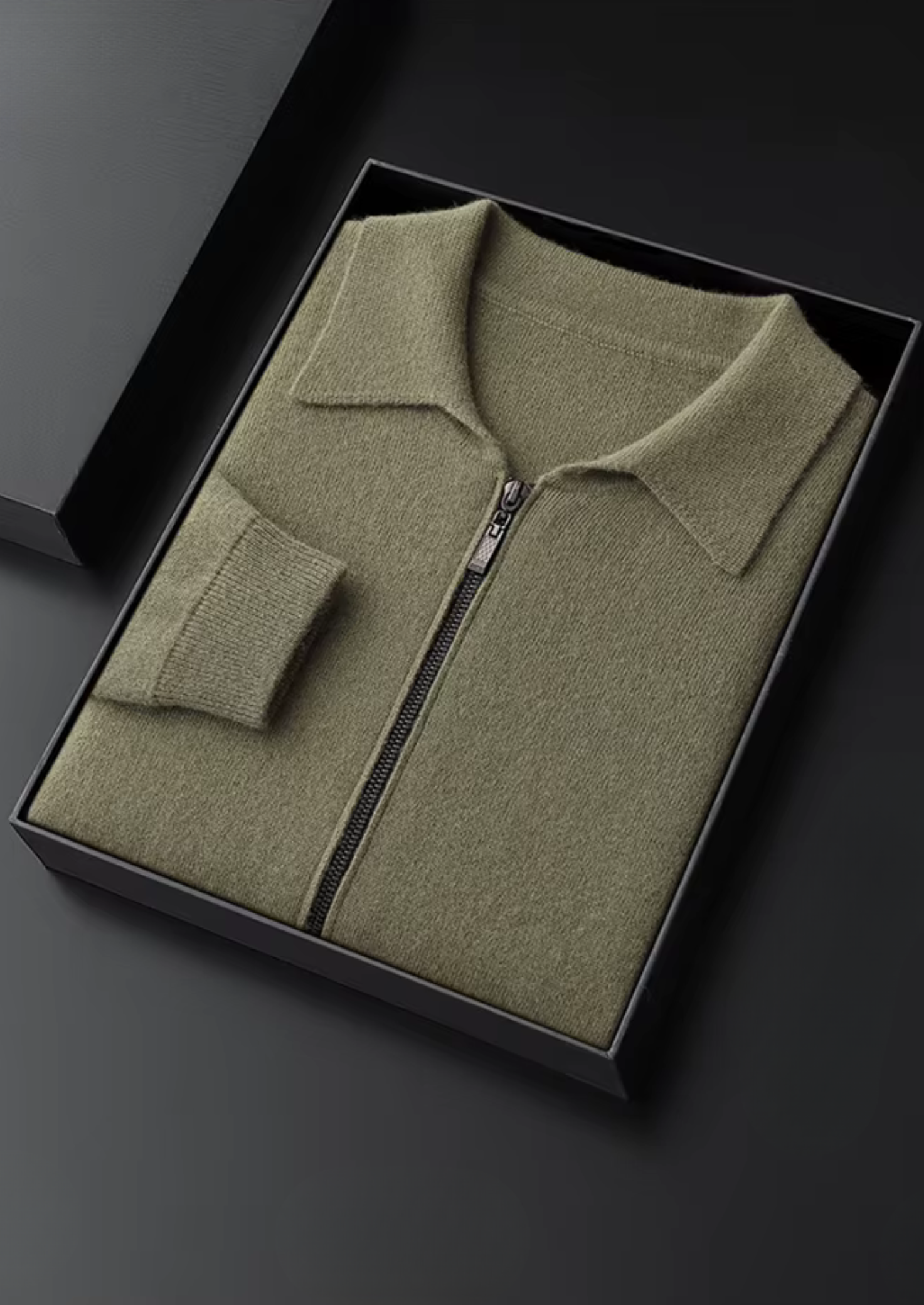 Cardigã Polo com Zíper em Lã Merino Extra-Fina Pura