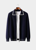 Cardigan Polo Bicolor em Lã Merino Extrafina Pura