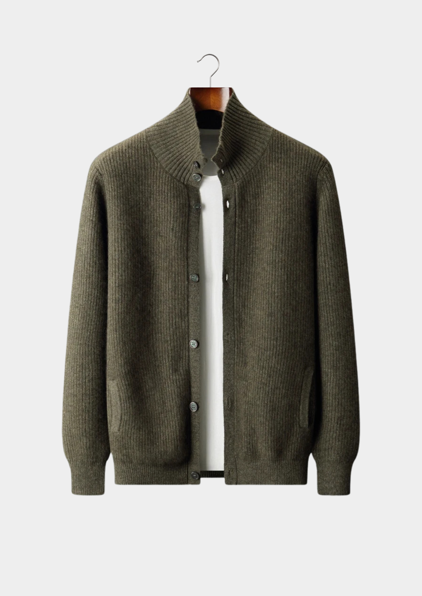 Cardigã Premium em Cashmere com Tricô Canelado e Gola Alta