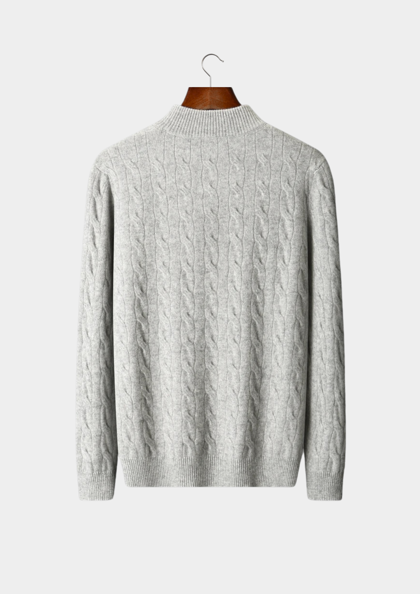 Suéter Meio Zíper em Tricô Trançado de Lã Merino Extrafina Pura