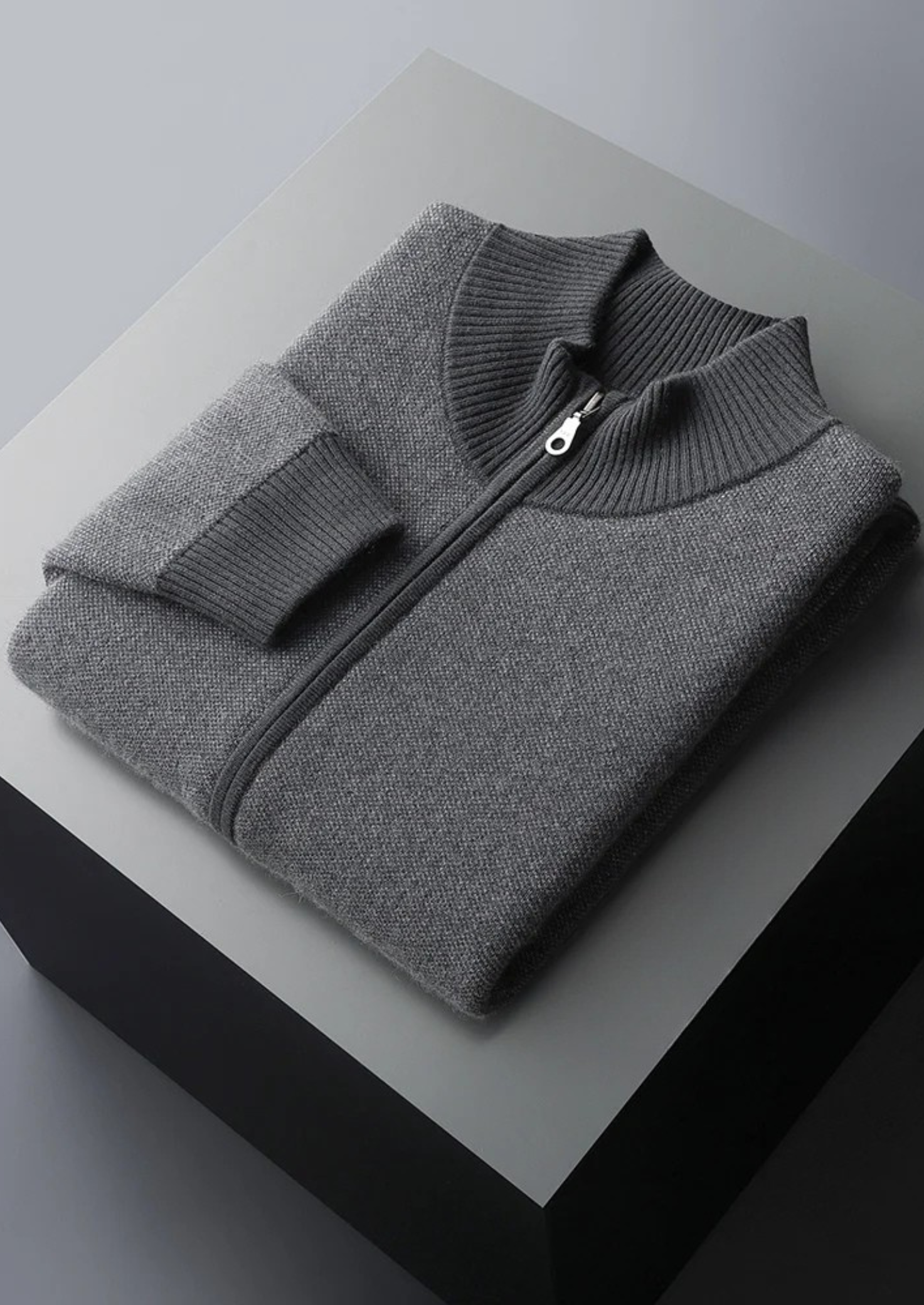 Cardigan com Zíper Jacquard em Caxemira Premium