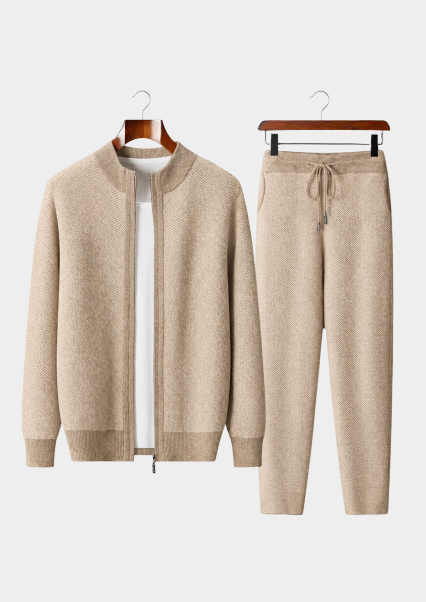 CONJUNTO HERRINGBONE EM LÃ MERINO PURA EXTRAFINA AREIA