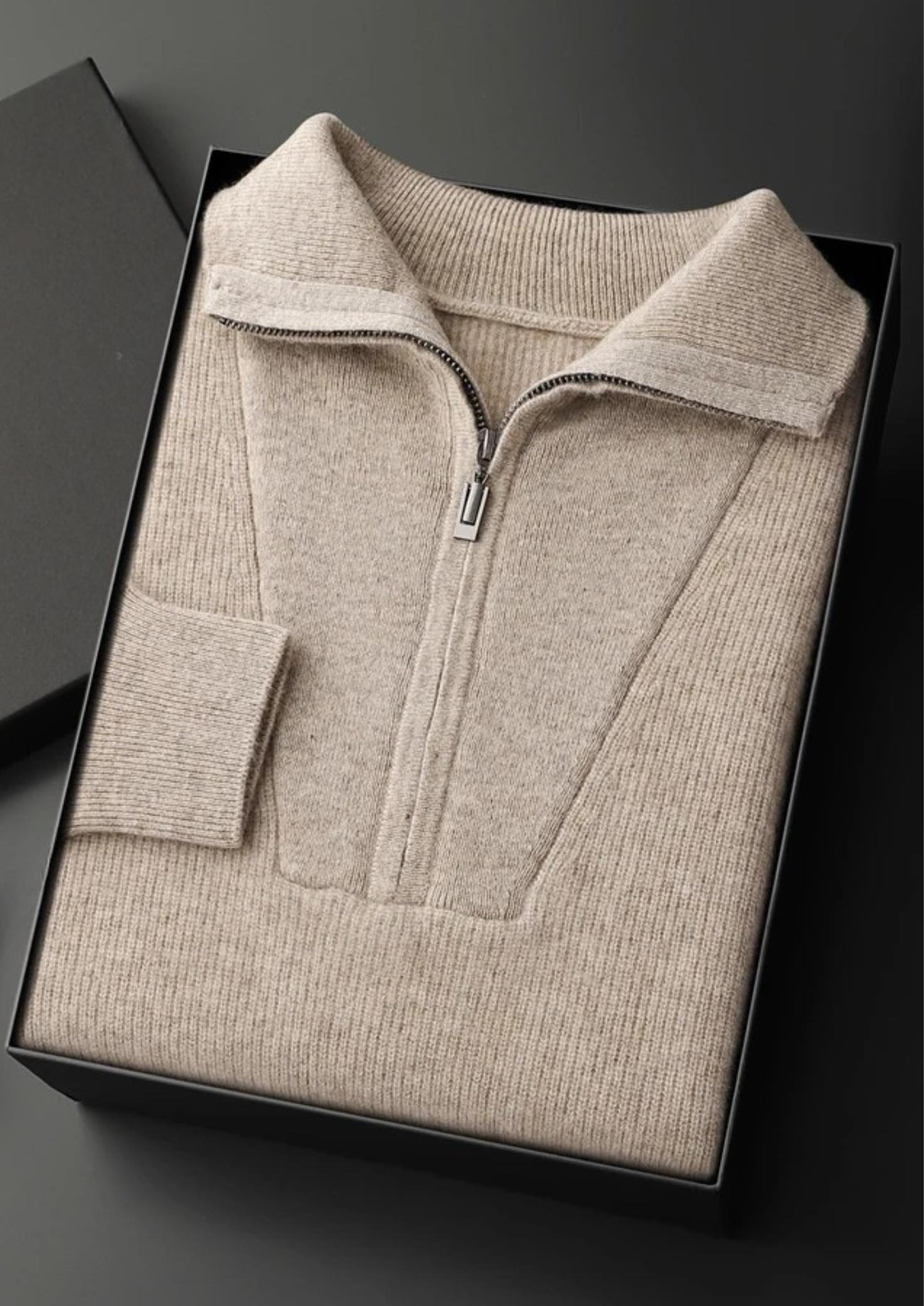 Suéter Premium em Cashmere Canelado com Meio Zíper