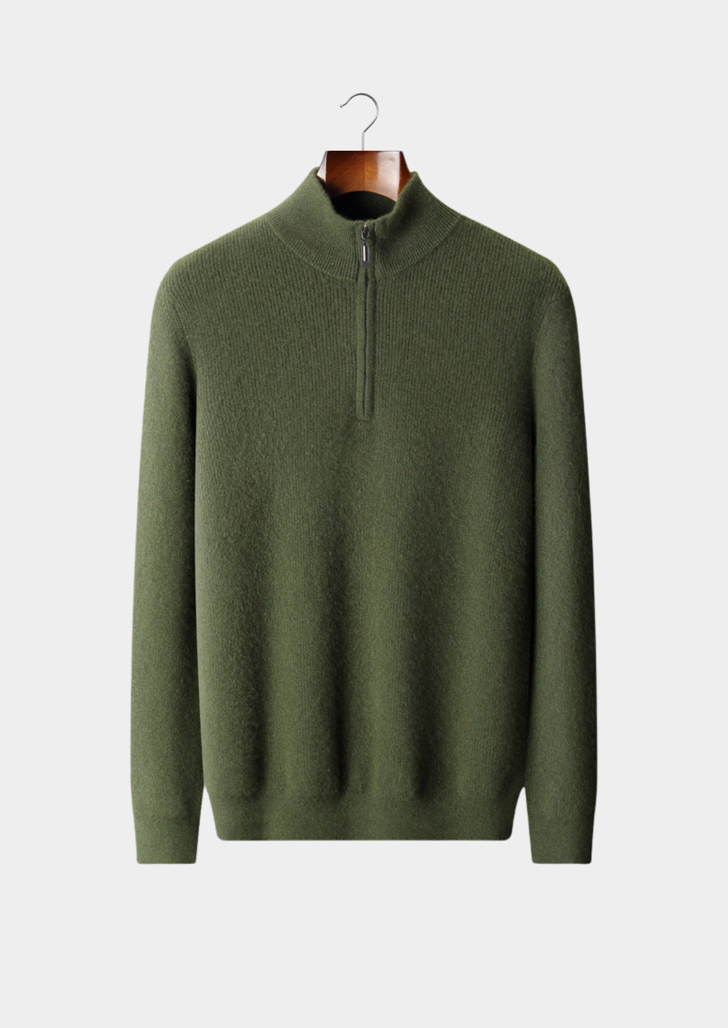 MEIO ZÍPER CANELADO EM CASHMERE PURO VERDE OLIVA