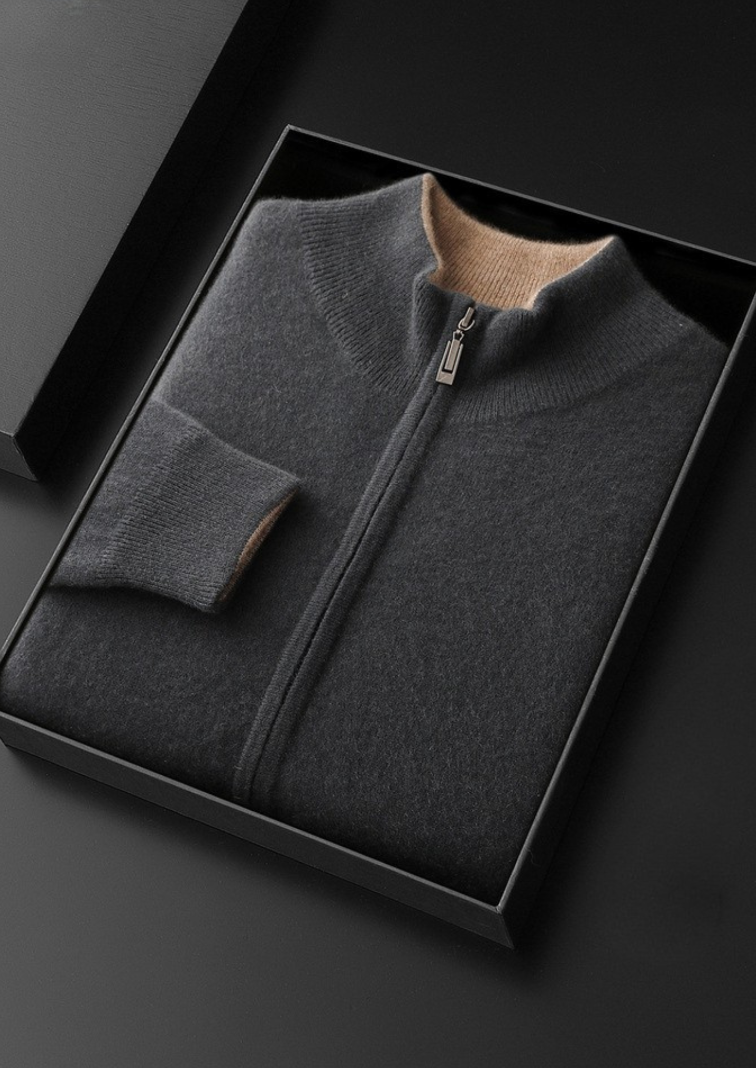 CARDIGAN DUPLO ZÍPER EM CASHMERE PURO CINZA ESCURO