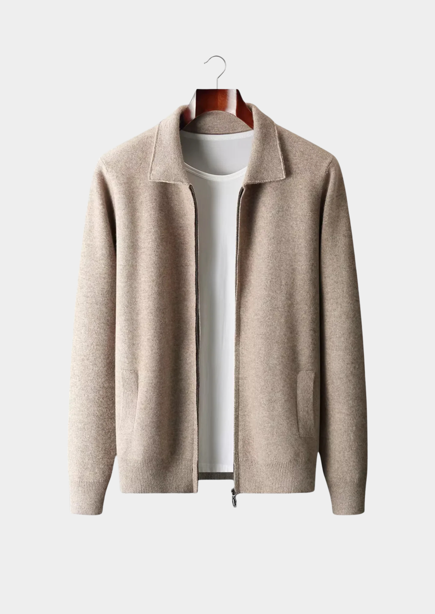 Cardigan Polo com Zíper em Lã Merino Extrafina Pura
