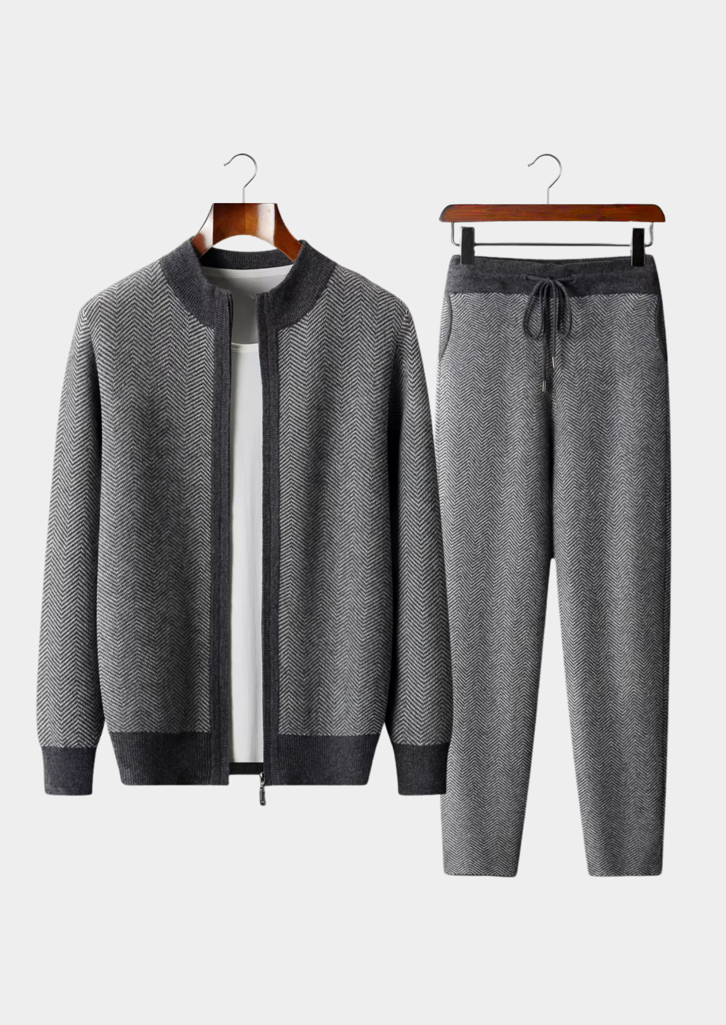 Conjunto Herringbone Cinza em Lã Merino Extrafina Pura