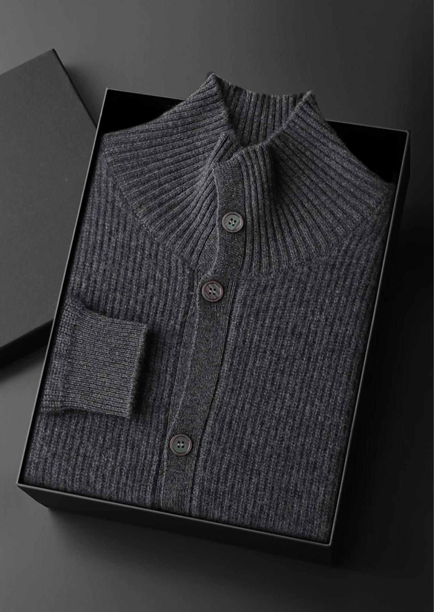 Cardigã Premium em Cashmere com Tricô Canelado e Gola Alta