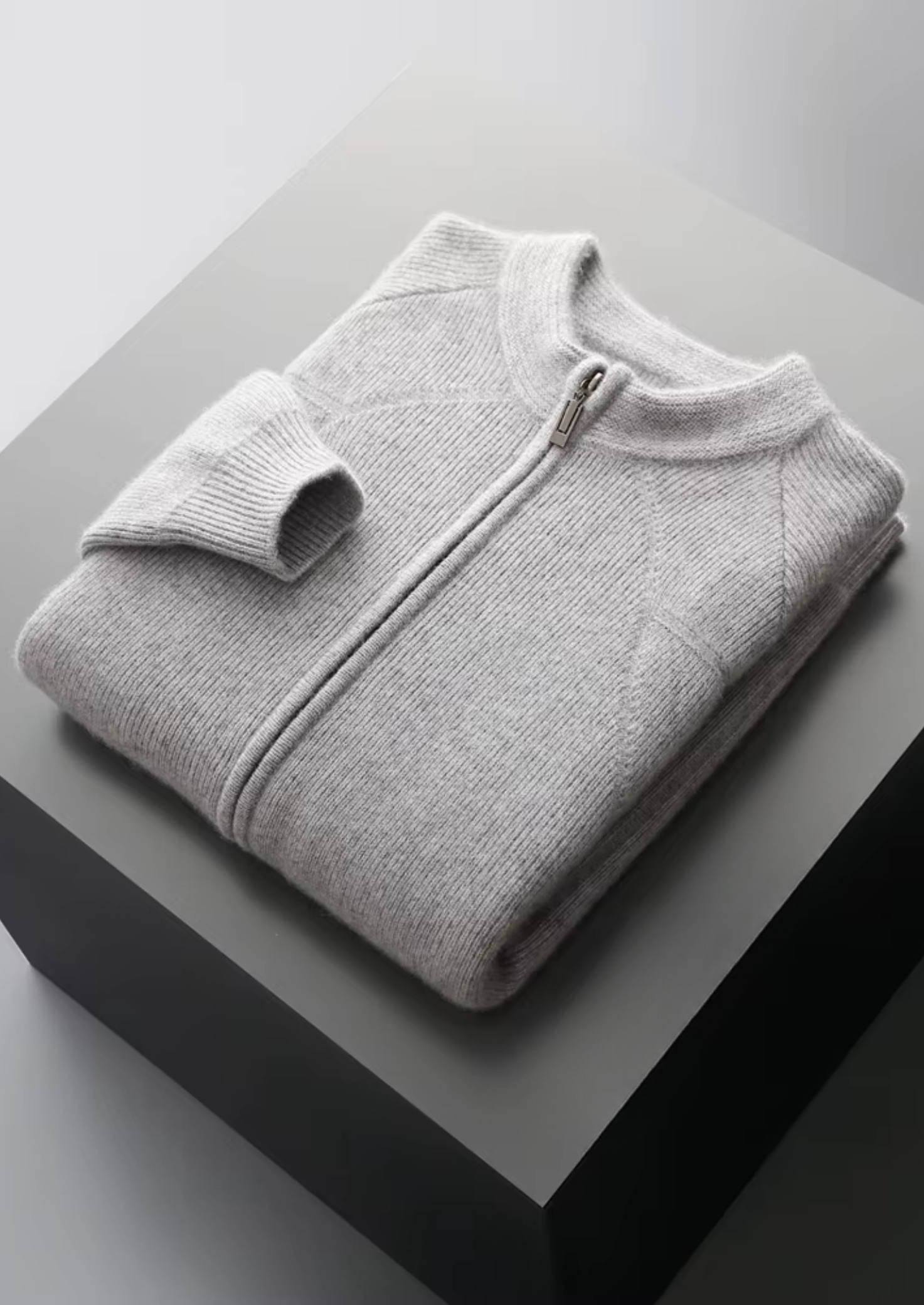 Cardigã Canelado com Zíper em Lã Merino Extra-Fina Pura
