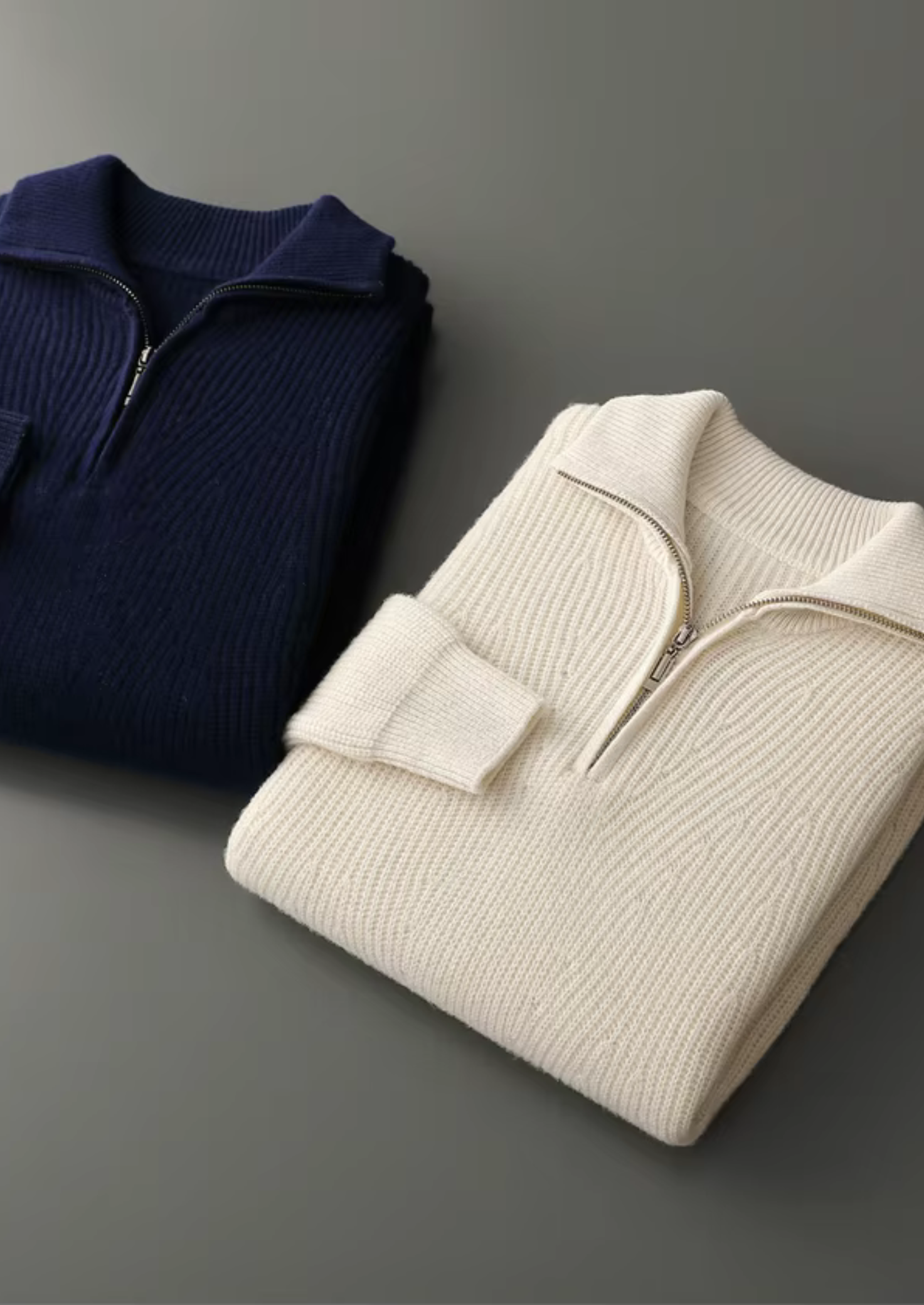 Suéter com Meio Zíper Canelado em Lã Merino Extrafina Pura