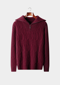 Suéter Meio Zíper Trançado em Cashmere Puro Bordô