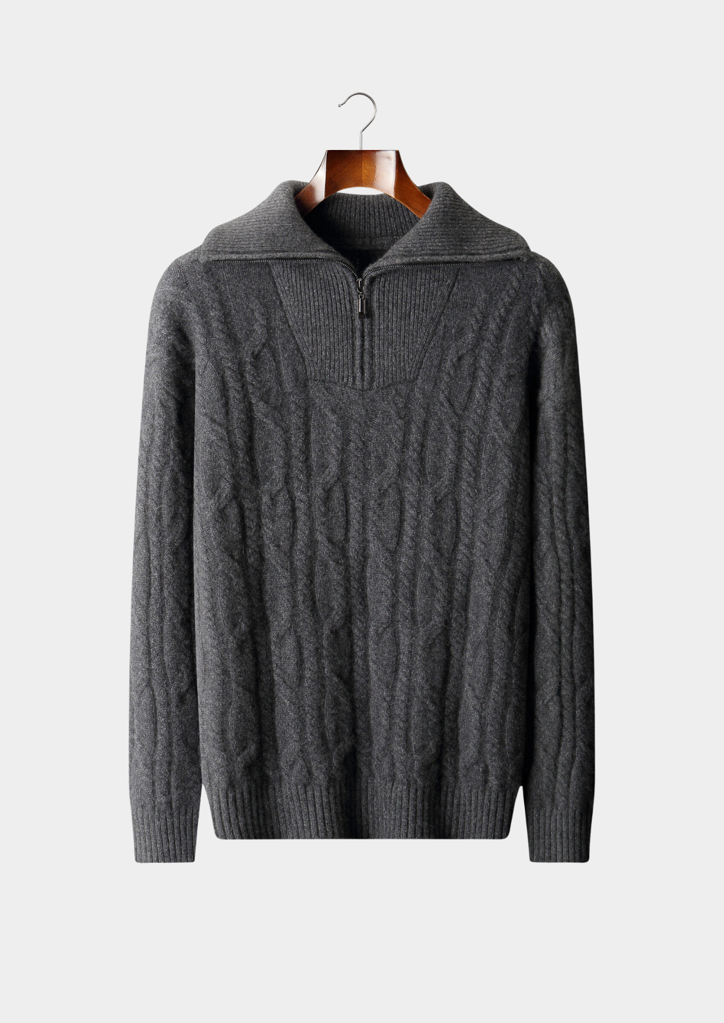 Suéter Meio Zíper Trançado em Cashmere Puro Cinza Escuro