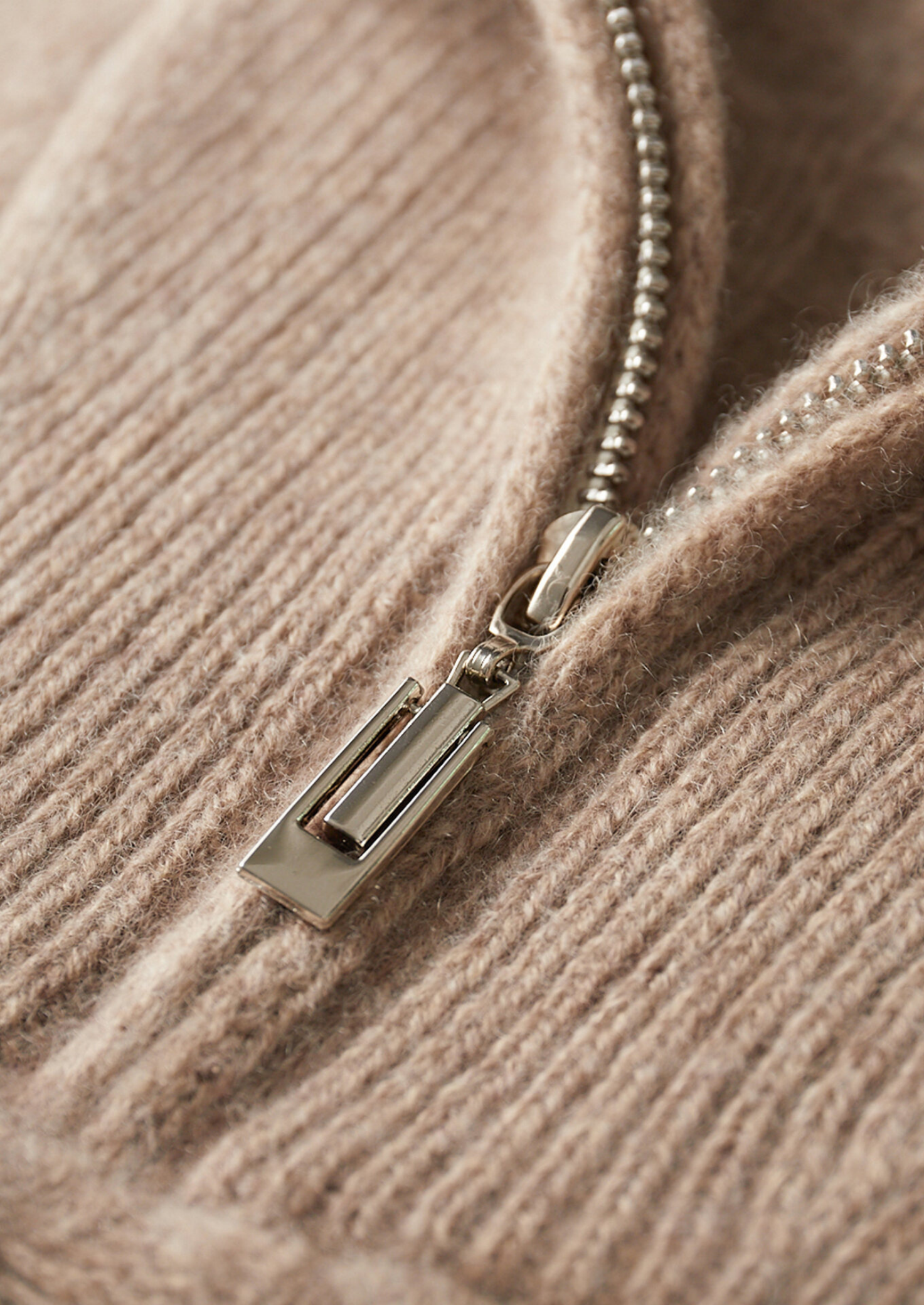 Suéter Cashmere Puro Trançado Meio Zíper Bege