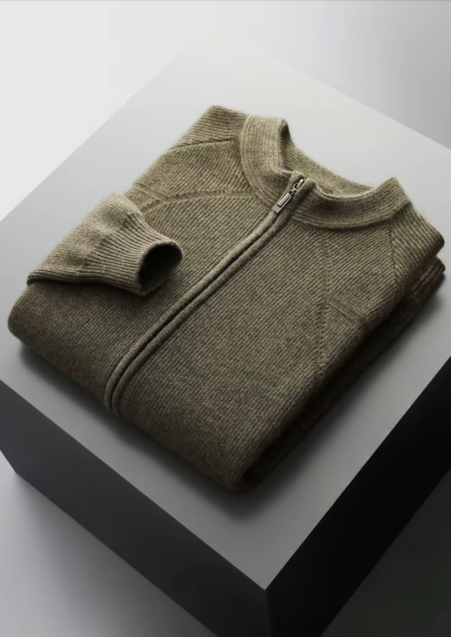Cardigã Canelado com Zíper em Lã Merino Extra-Fina Pura