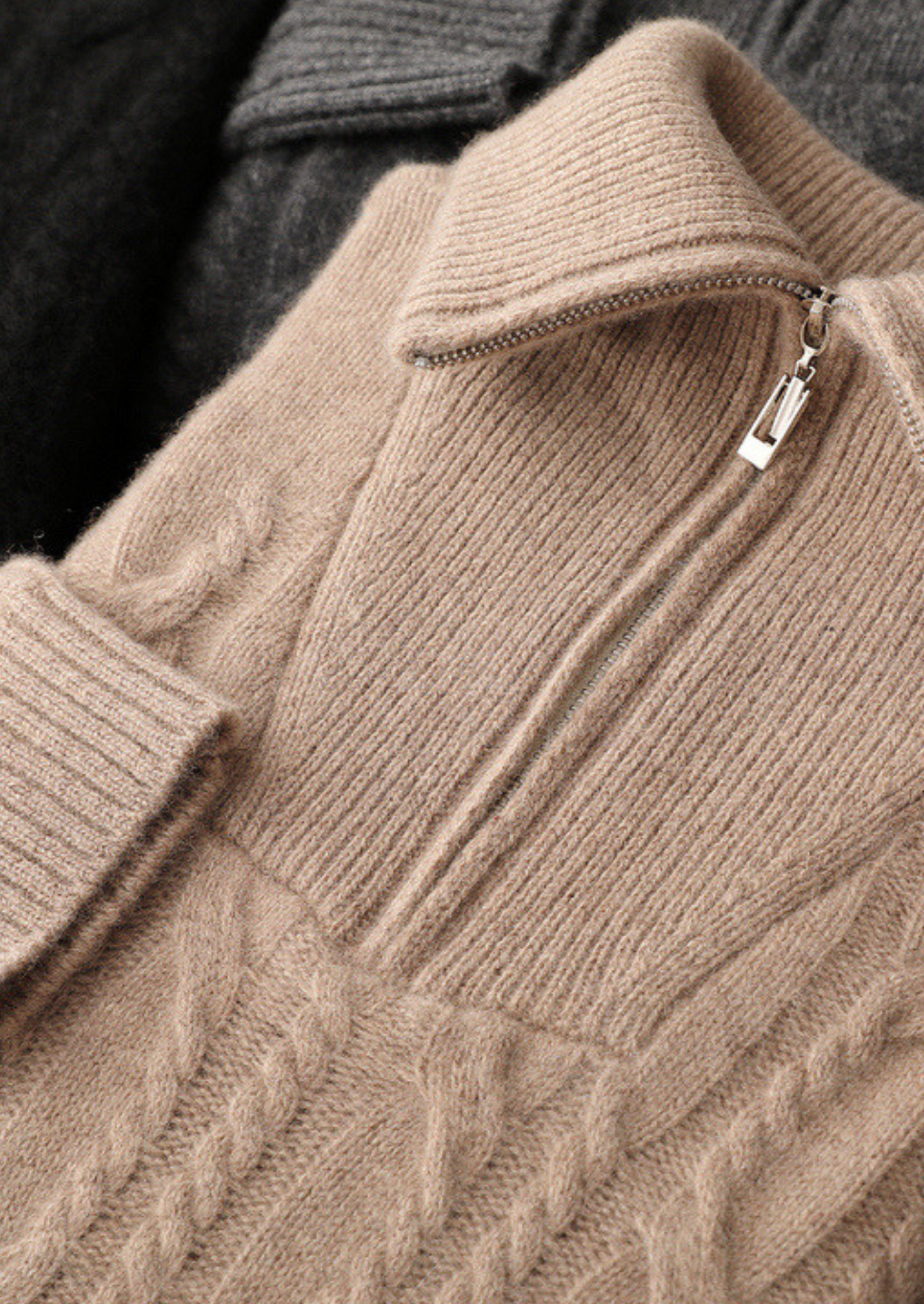 Suéter Cashmere Puro Trançado Meio Zíper Bege