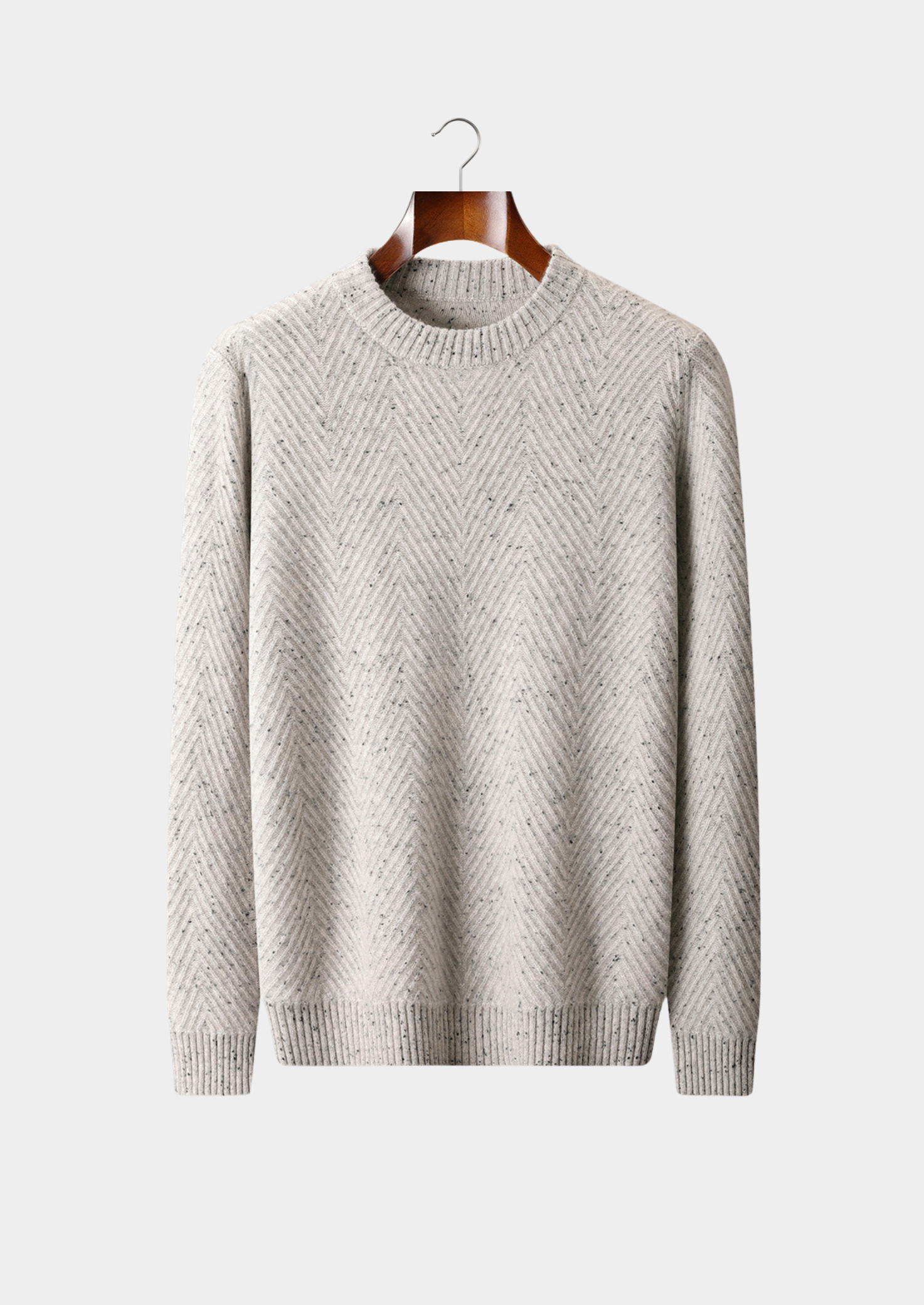 Suéter Gola Careca Cashmere Puro Espinha-de-Peixe Cinza Claro