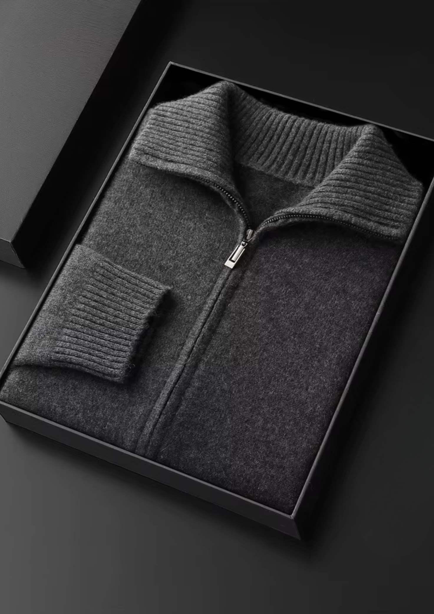 CARDIGAN GOLA FUNIL EM CASHMERE PURO CINZA ESCURO