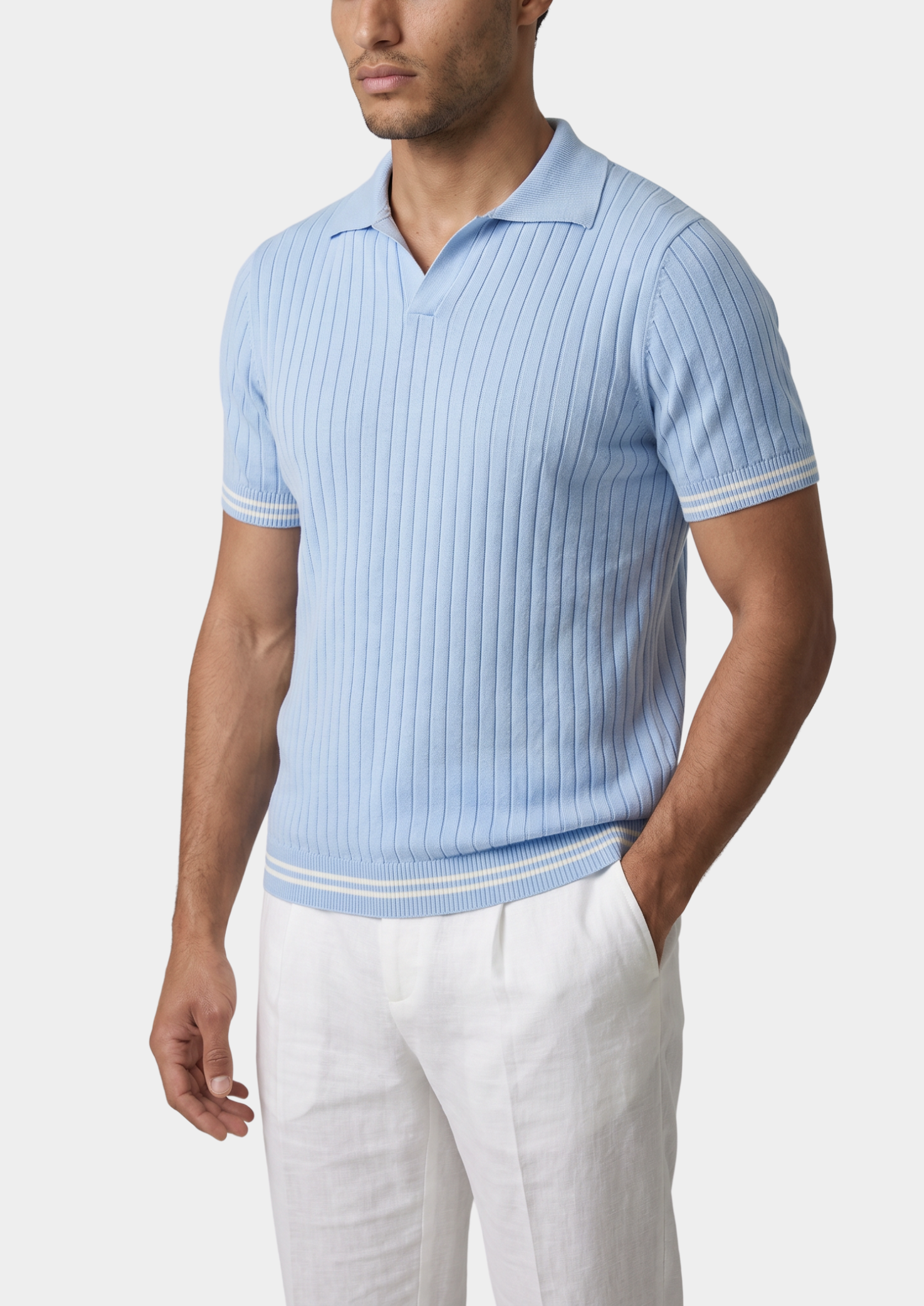 POLO PIERRE CANELADA AZUL CLARO SEM BOTÕES