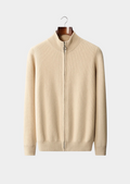Cardigan com Zíper Canelado em Lã Merino Extrafina