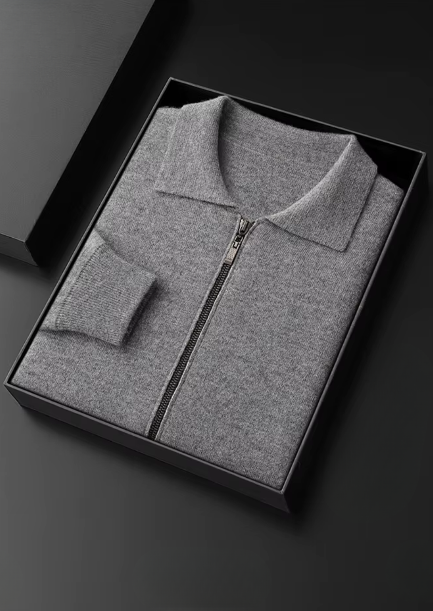 Cardigã Polo com Zíper em Lã Merino Extra-Fina Pura