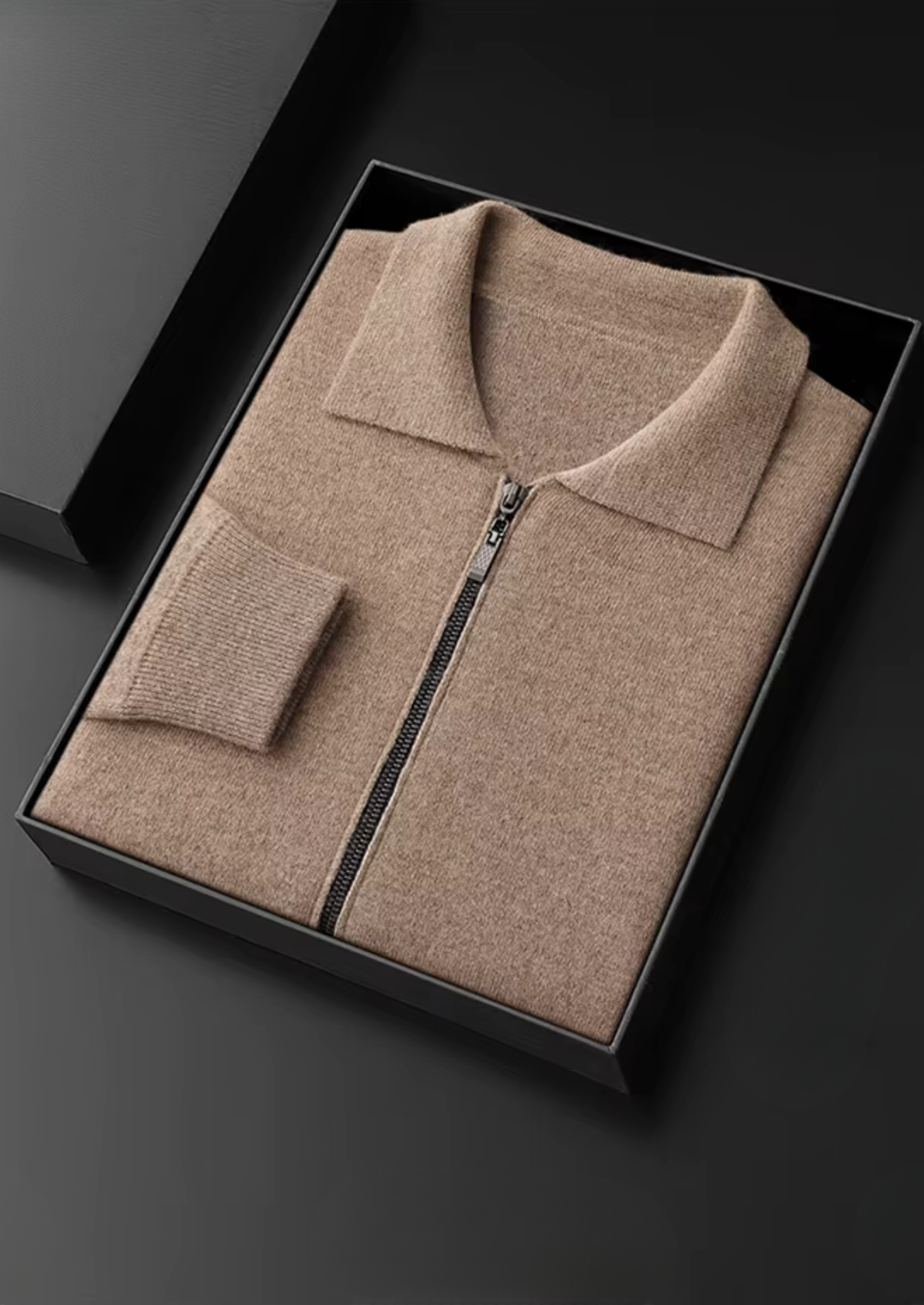 Cardigã Polo com Zíper em Lã Merino Extra-Fina Pura