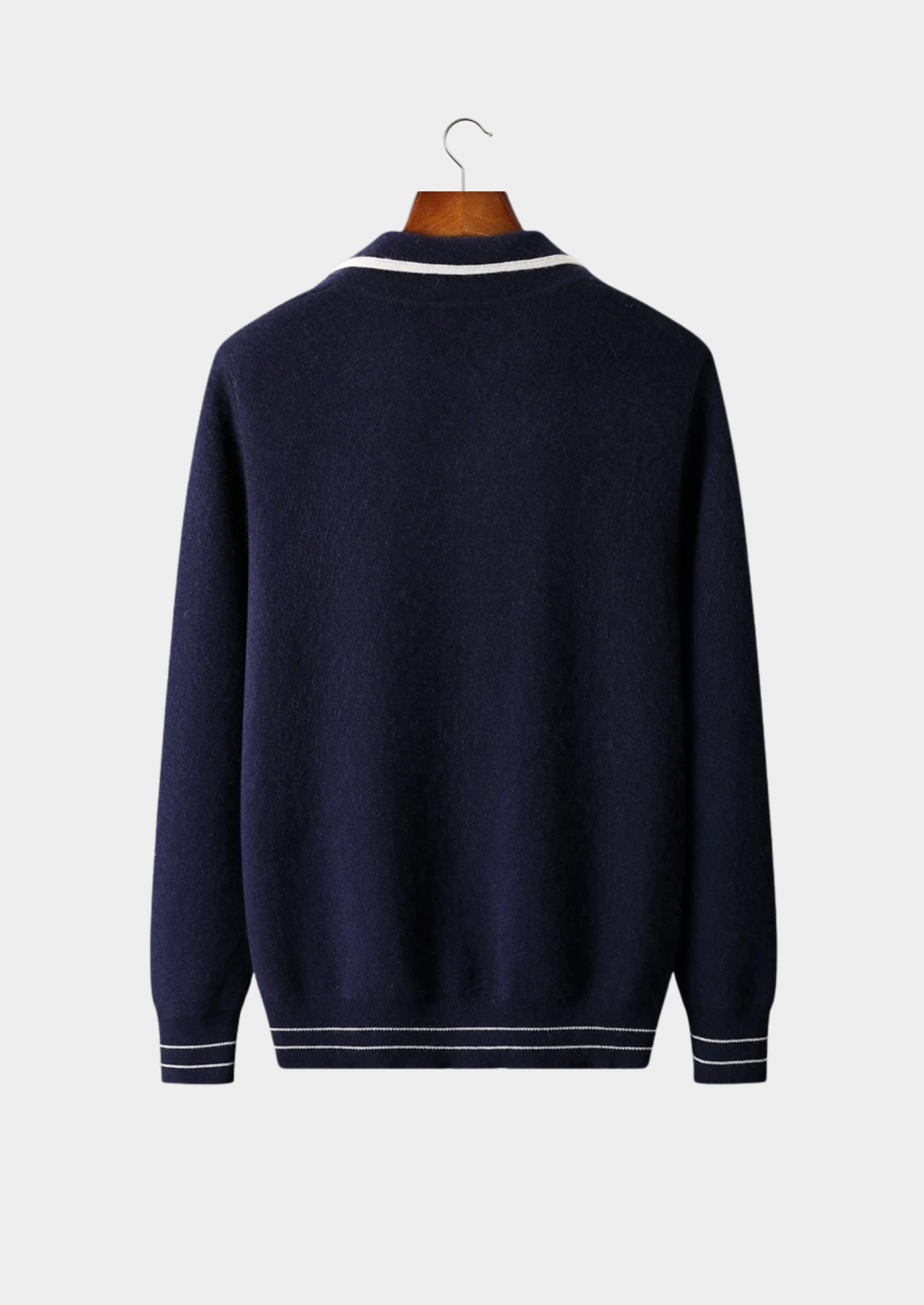 Cardigan Polo Bicolor em Lã Merino Extrafina Pura