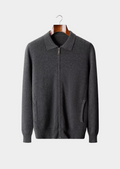 Cardigan Polo Canelado em Lã Merino Extrafina