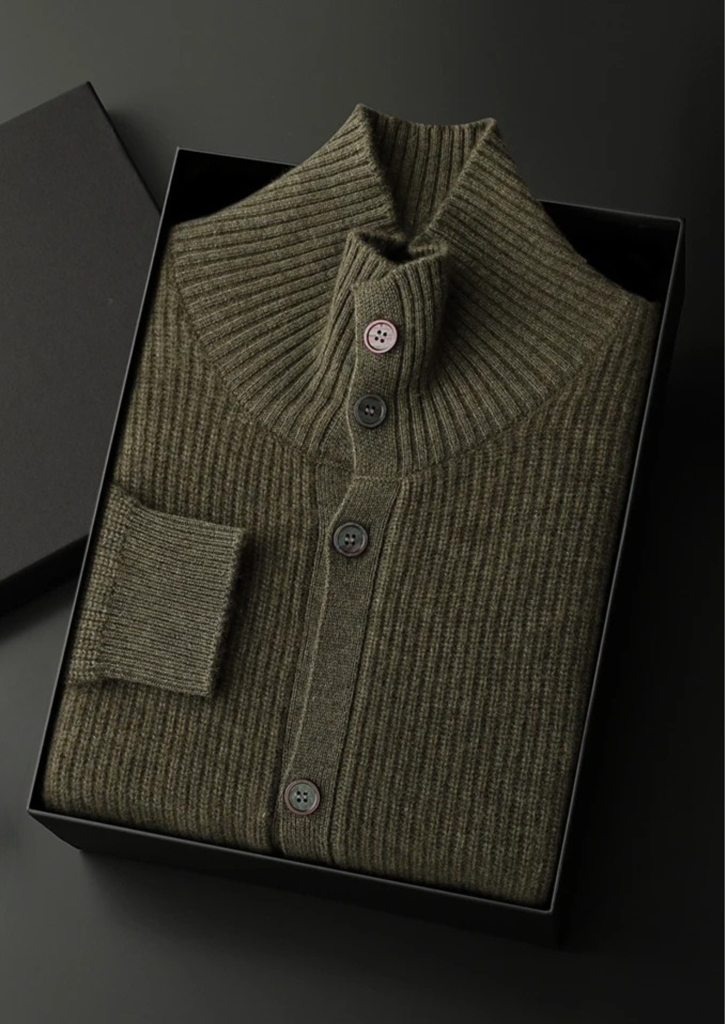 Cardigã Premium em Cashmere com Tricô Canelado e Gola Alta