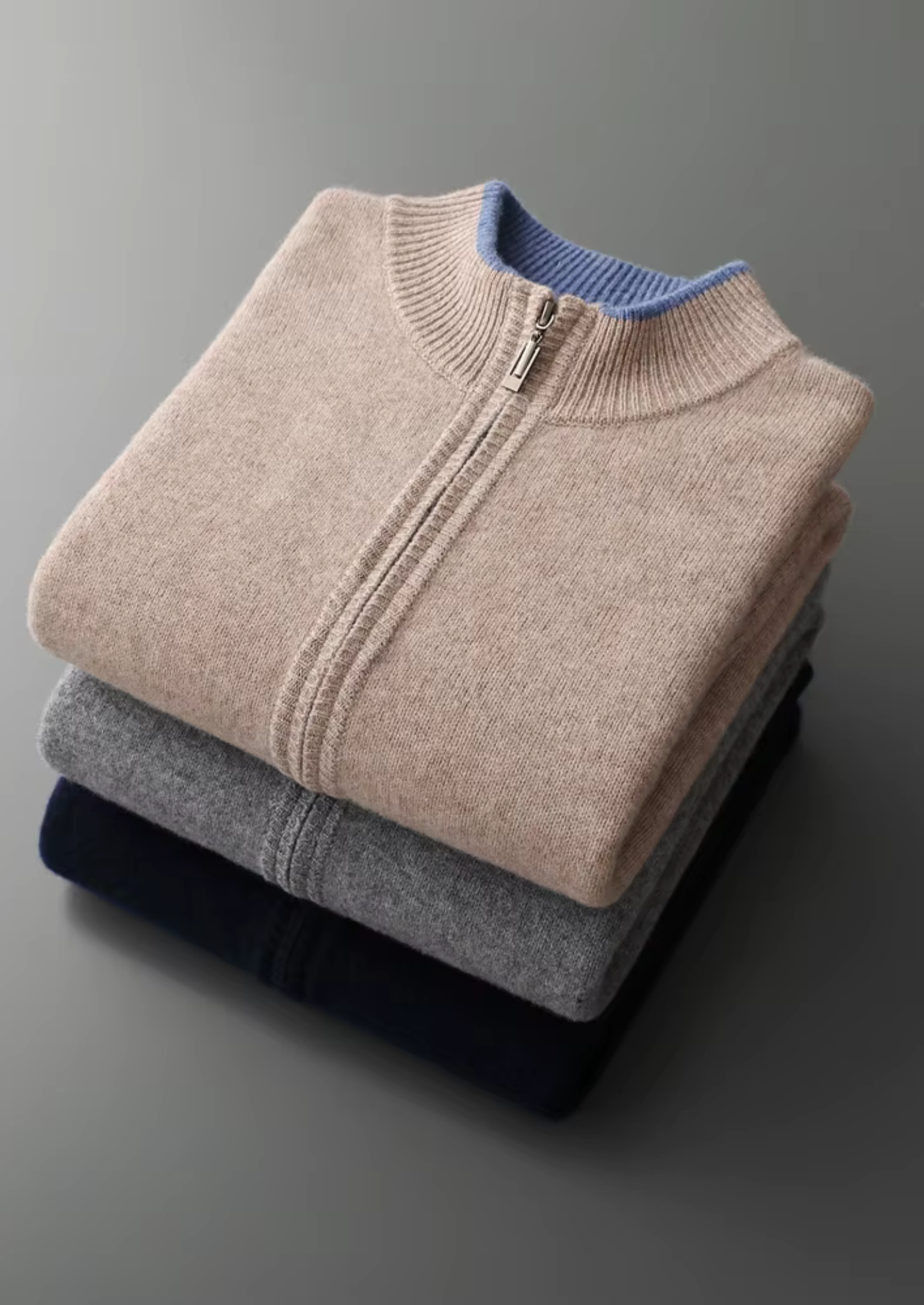 Cardigan Bicolor com Zíper em Lã Merino Extrafina Pura