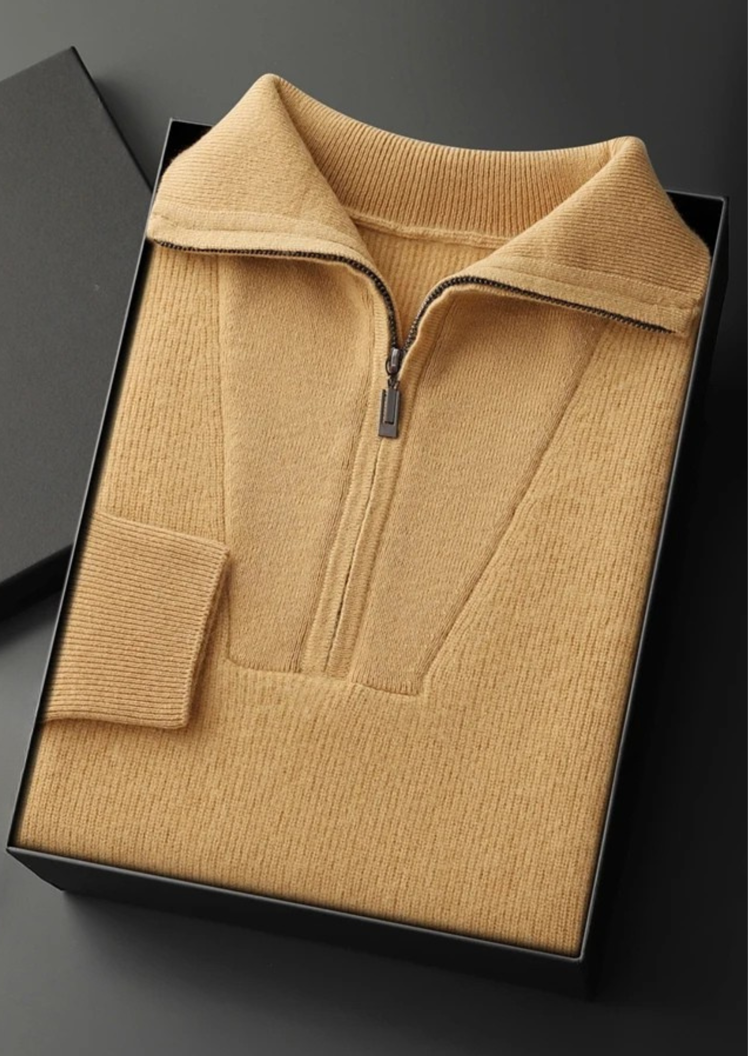 Suéter Premium em Cashmere Canelado com Meio Zíper