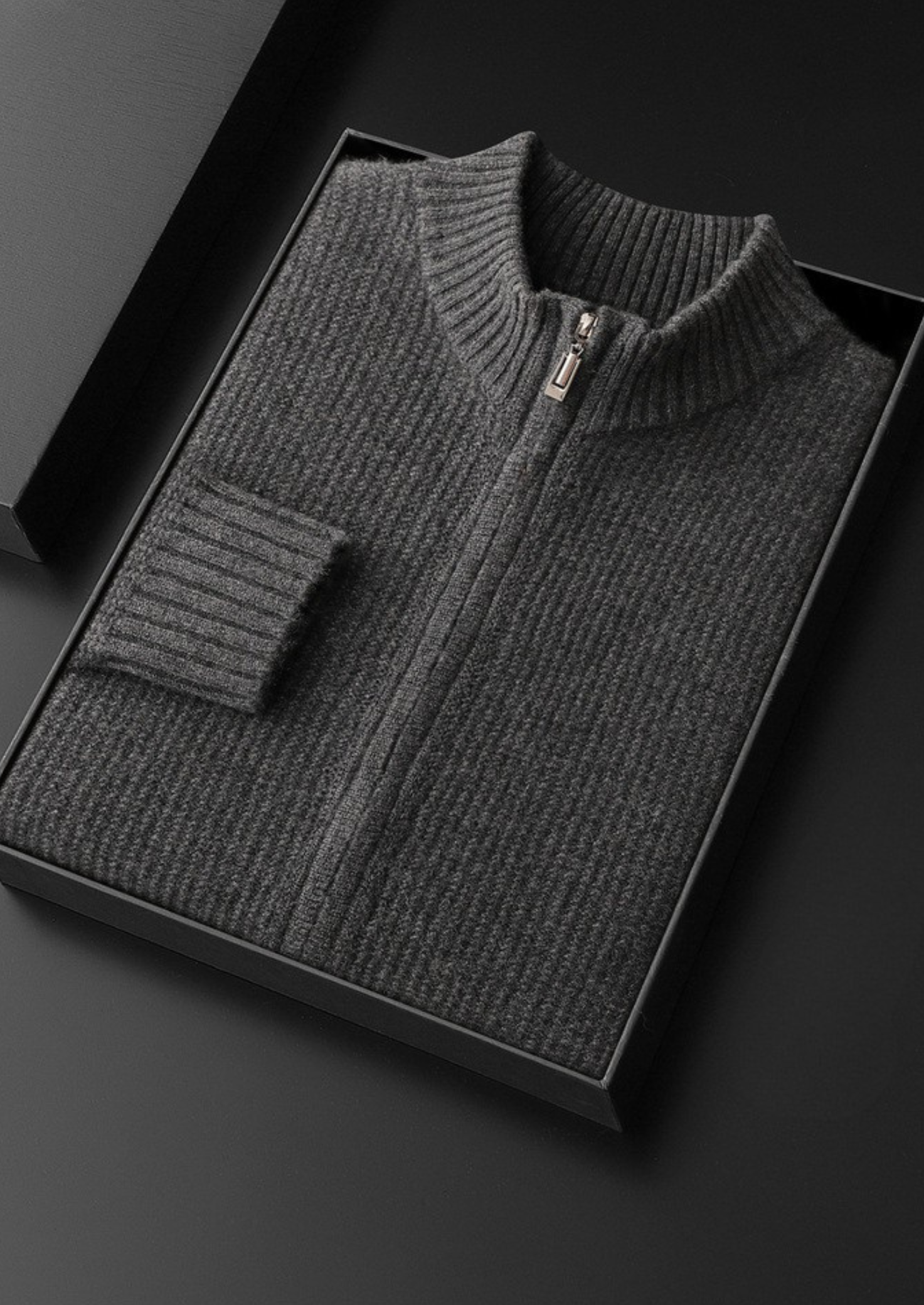 Cardigã Canelado com Zíper Puro Cashmere Cinza Escuro