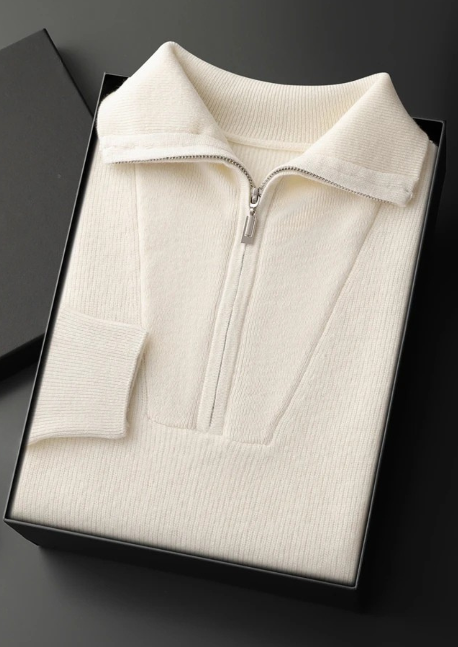 Suéter Premium em Cashmere Canelado com Meio Zíper