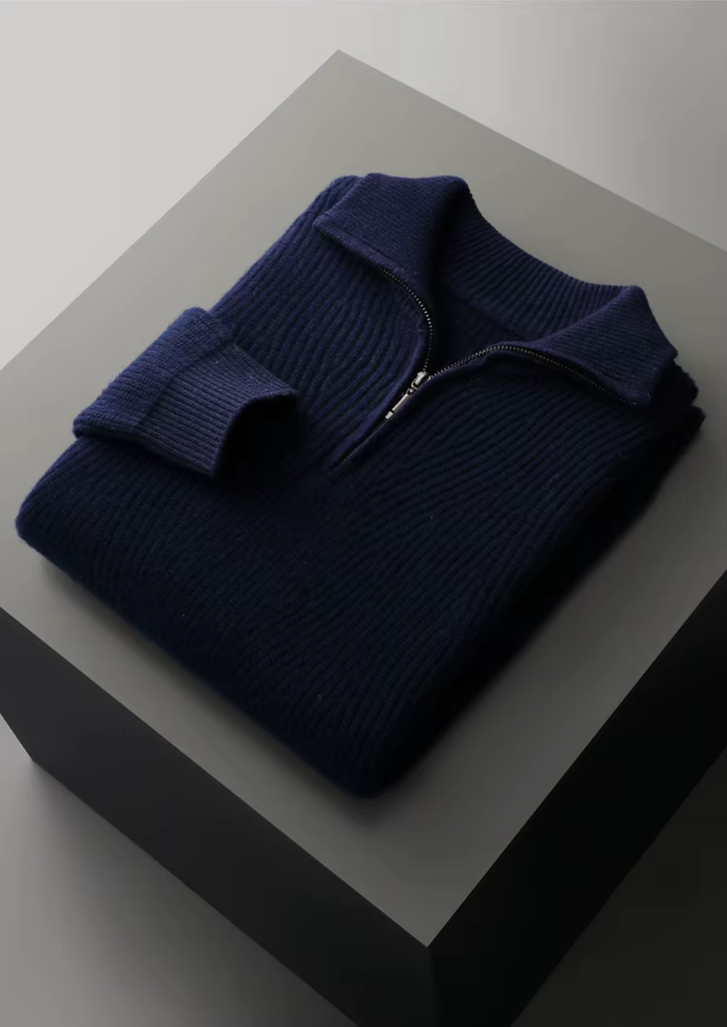 Suéter com Meio Zíper Canelado em Lã Merino Extrafina Pura