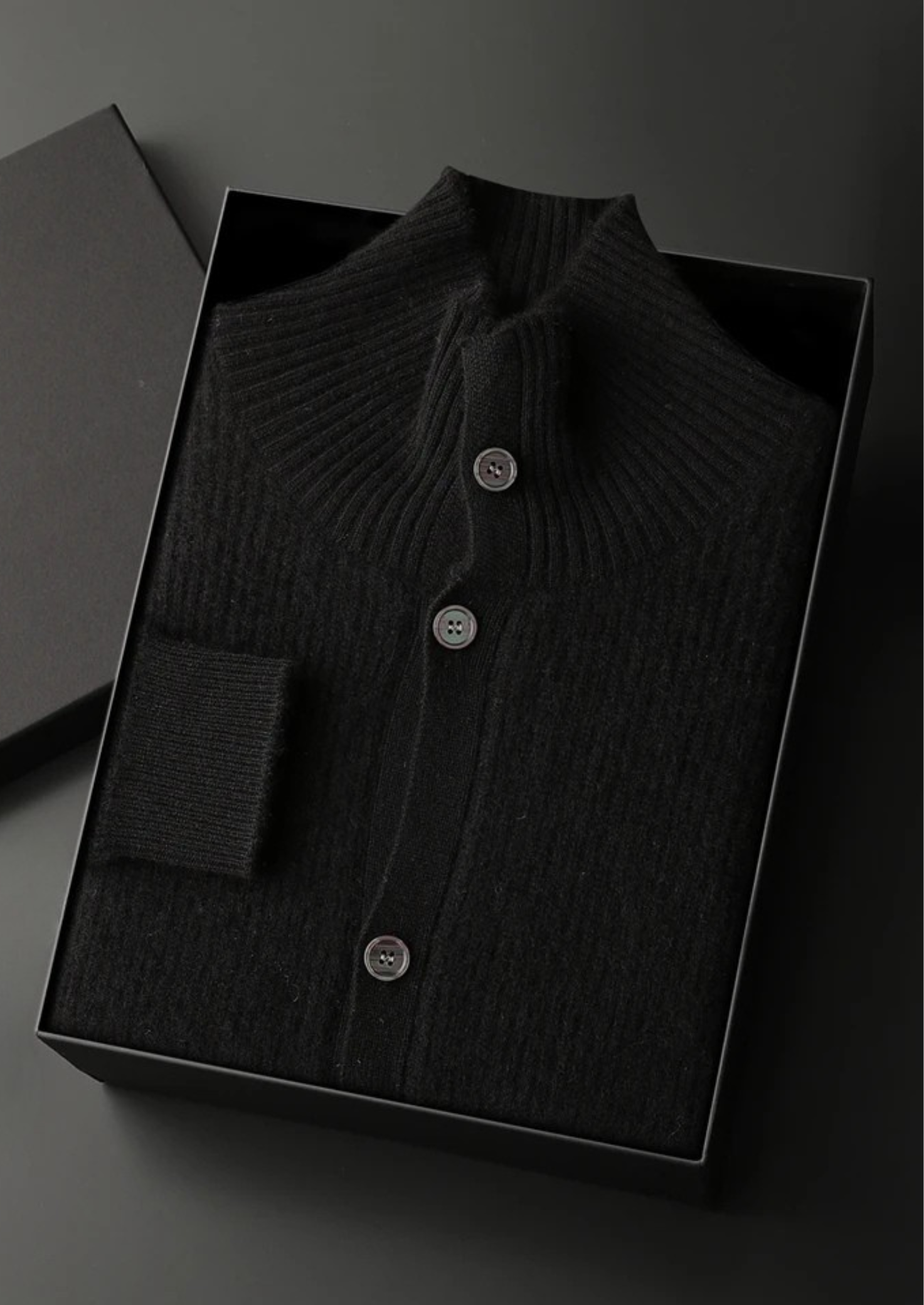 Cardigã Premium em Cashmere com Tricô Canelado e Gola Alta