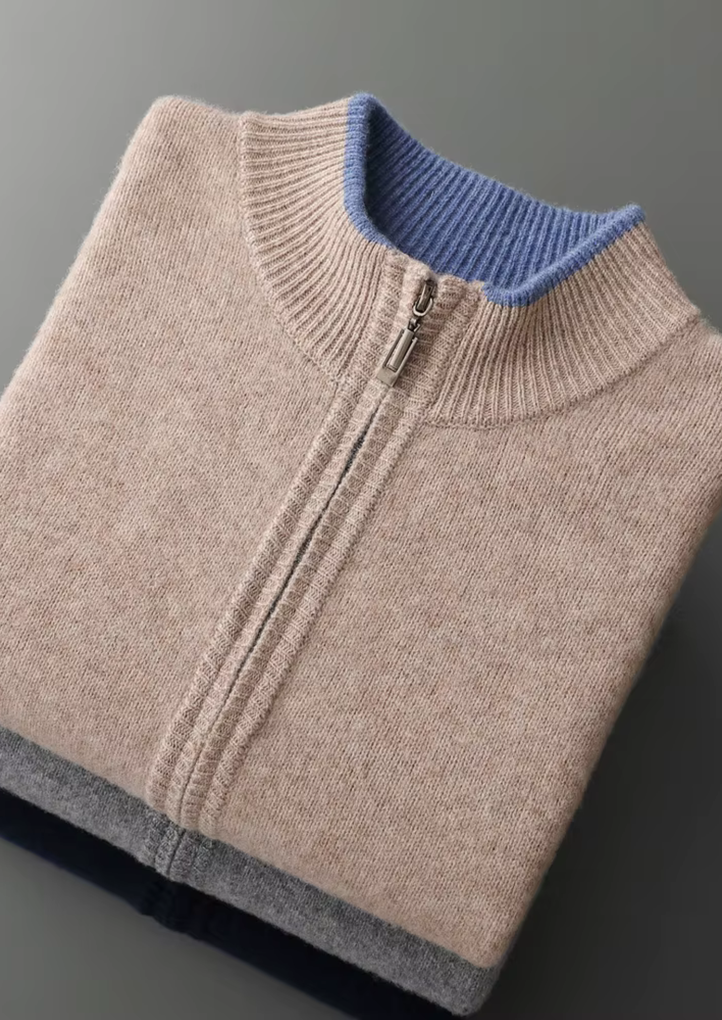 Cardigan Bicolor com Zíper em Lã Merino Extrafina Pura