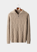 Suéter Cashmere Puro Trançado Meio Zíper Bege