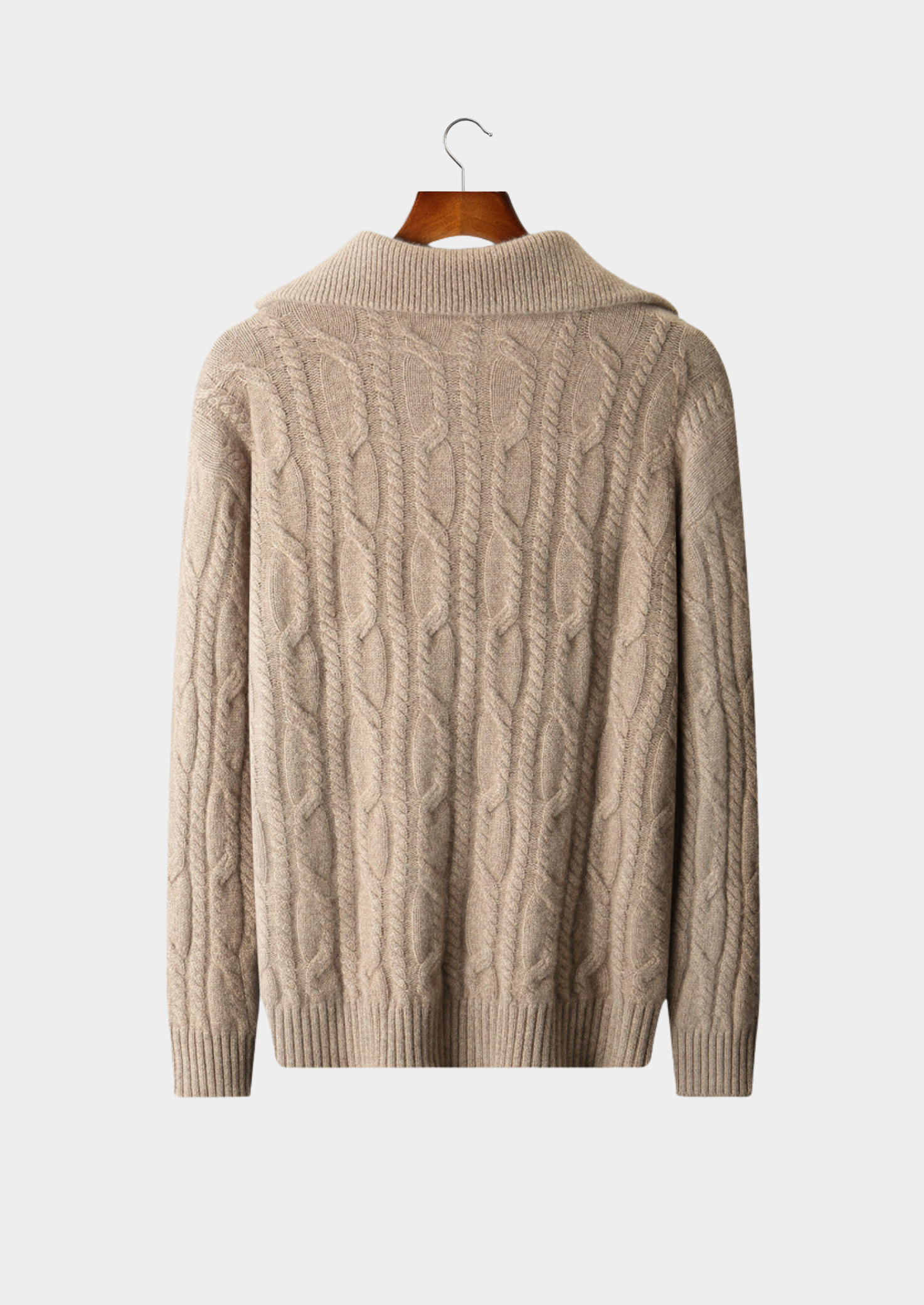 Suéter Cashmere Puro Trançado Meio Zíper Bege