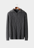 Suéter Meio Zíper Trançado em Cashmere Puro Cinza Escuro