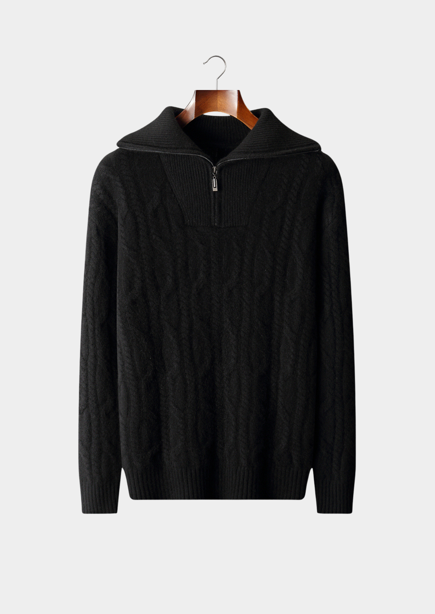 Suéter Meio Zíper Trançado em Cashmere Puro Preto