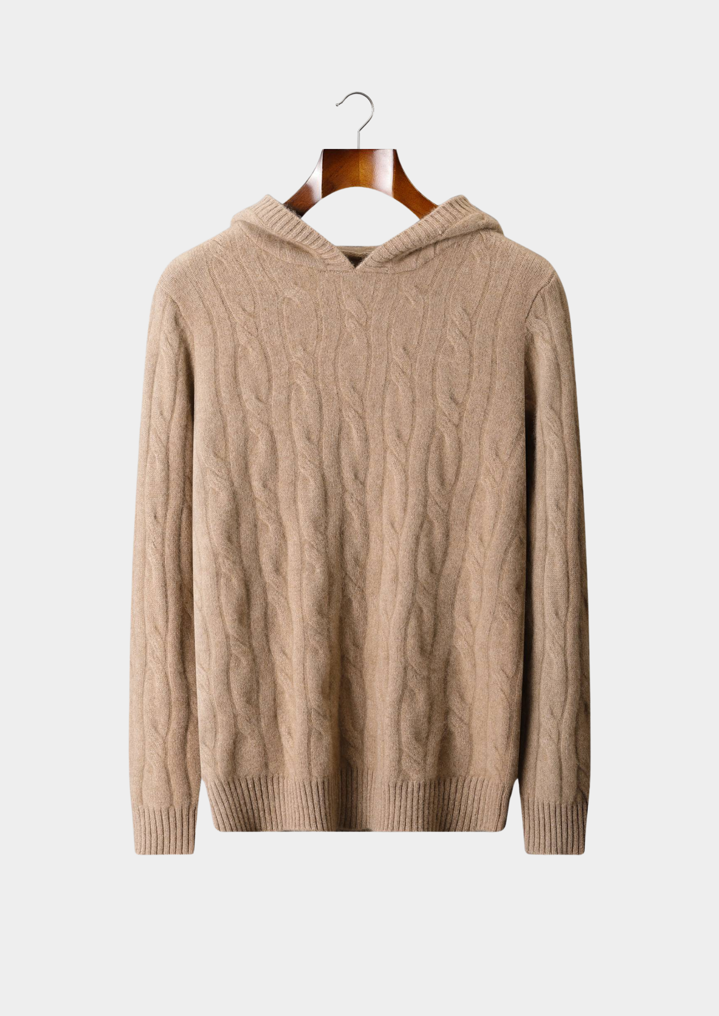 MOLETOM COM CAPUZ TRICÔ TRANÇADO EM CASHMERE PURO AREIA