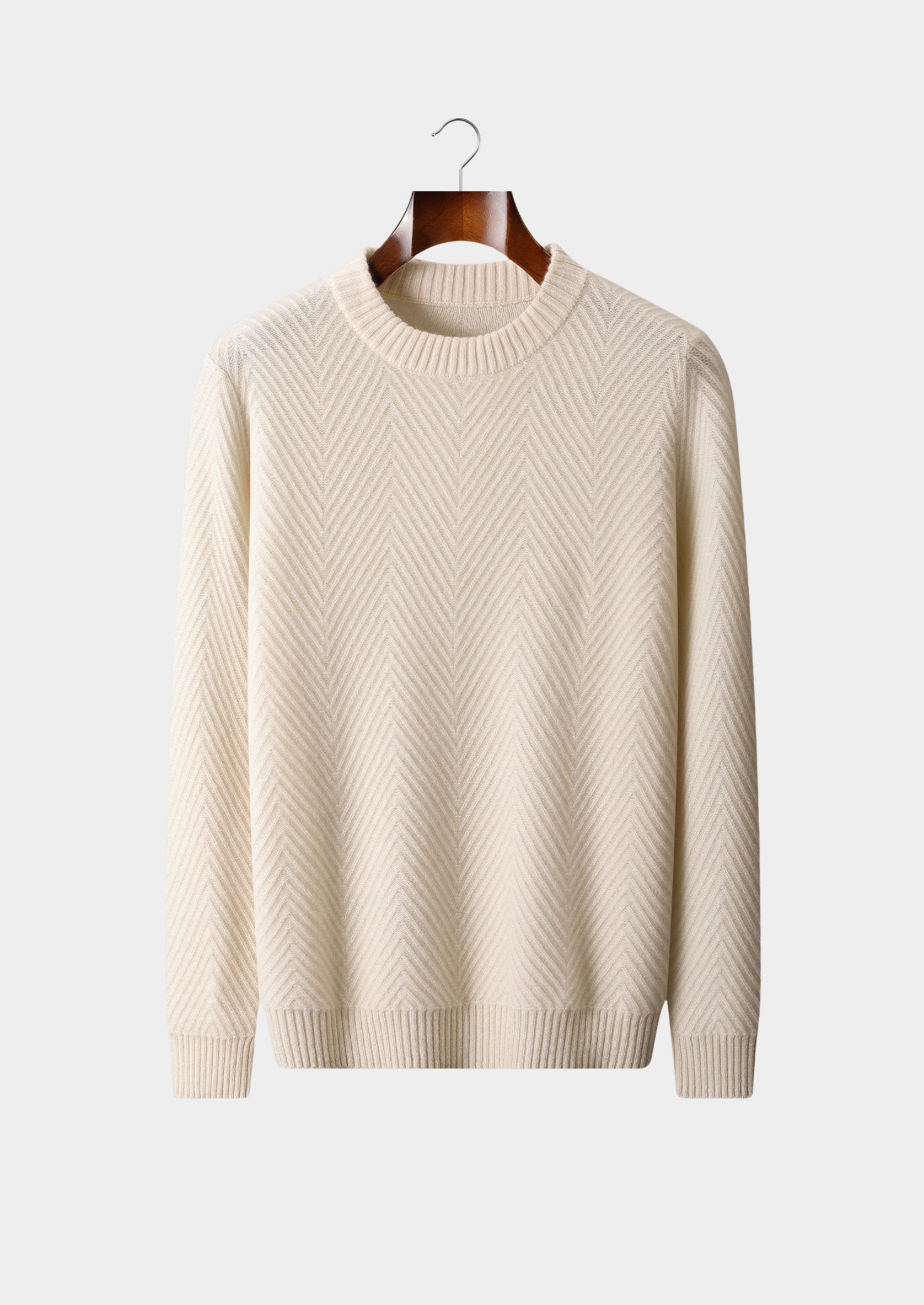 Suéter Gola Careca Cashmere Puro Espinha-de-Peixe Marfim