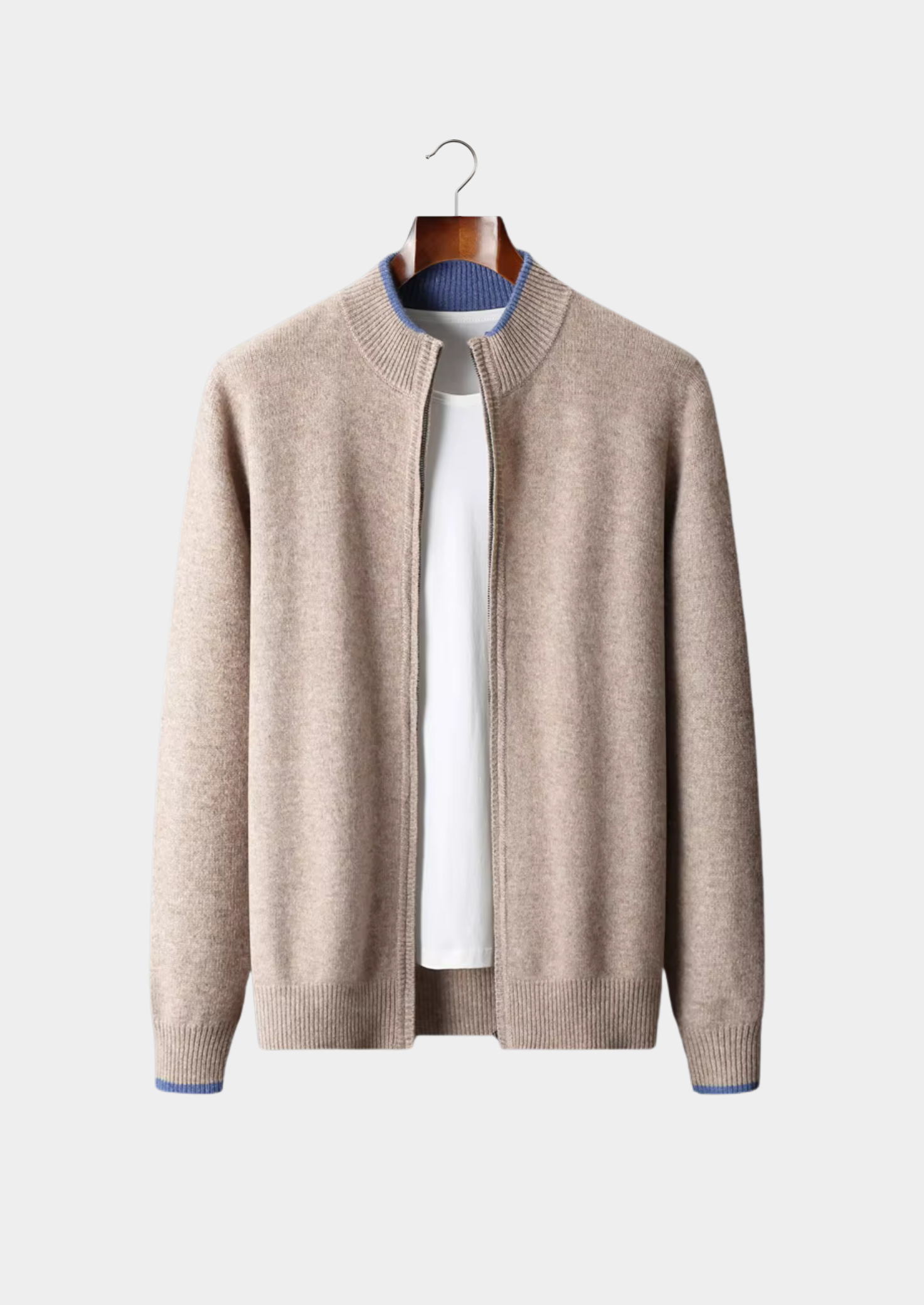 Cardigan Bicolor com Zíper em Lã Merino Extrafina Pura
