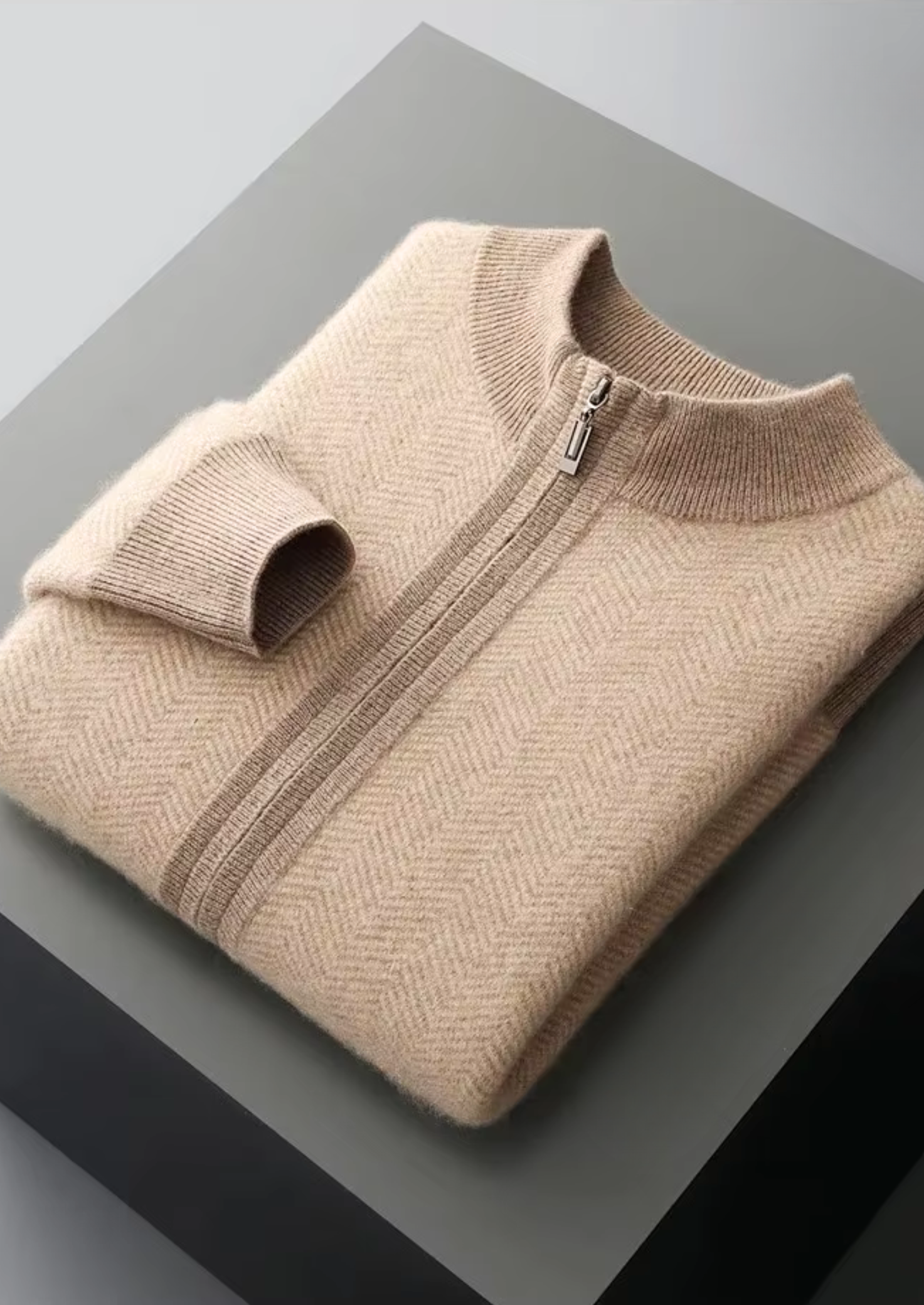 CONJUNTO HERRINGBONE EM LÃ MERINO PURA EXTRAFINA AREIA
