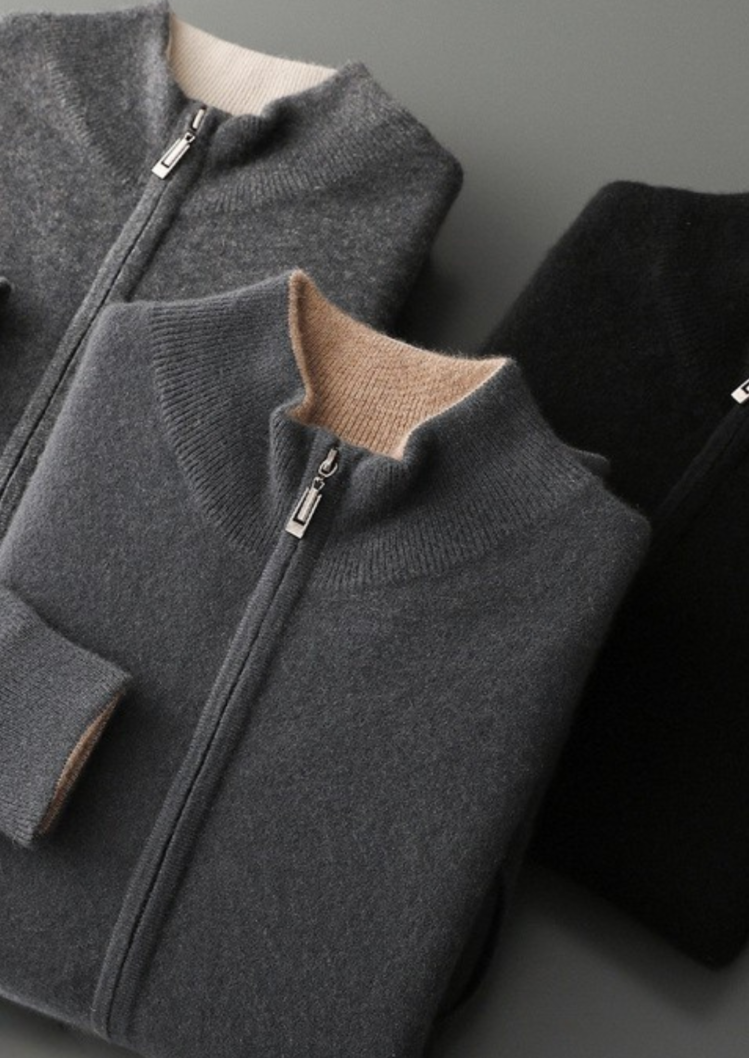 CARDIGAN DUPLO ZÍPER EM CASHMERE PURO CINZA MESCLADO